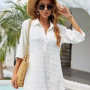 Womens Button Up Swiss Dot Beach Bikini Bathing Suit Cover Up